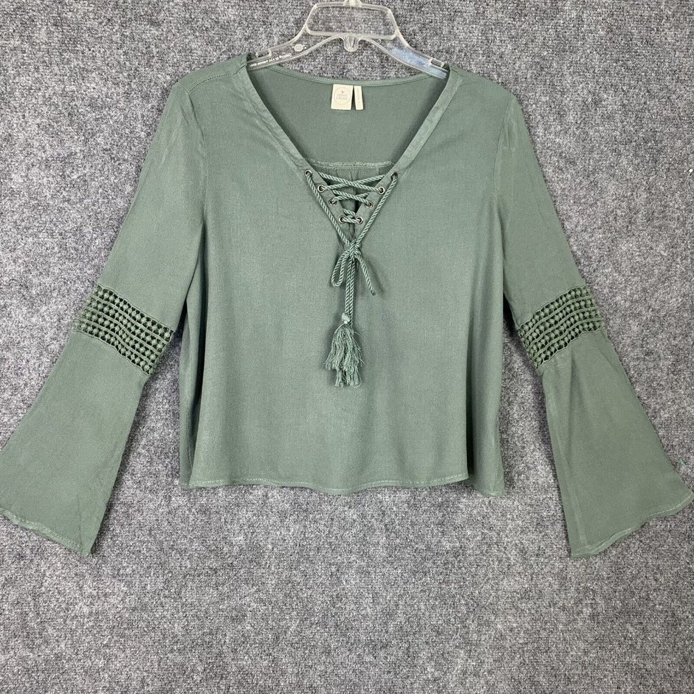 Paper Crane Crop Top Boho Crochet Bell Sleeve Lace Up V-Neck Tassels